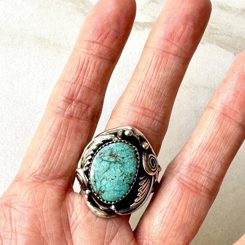 Navajo Turquoise Mens Ring Sz 12 Leaf Feather Signed Morgan Sterling Native